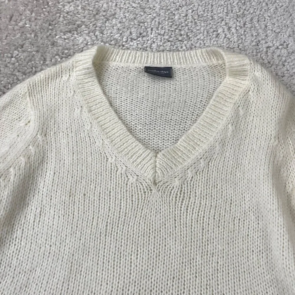 Wooden Ships Mohair Wool V-Neck Sweater Cream Ivory Womens S/M